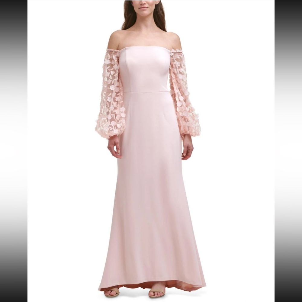 Eliza J Off-The-Shoulder Mesh Floral Sleeve Pink Gown 2